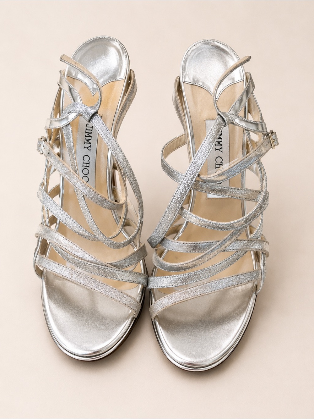 Jimmy Choo Silver Glitter Strappy High Heel Sandals Size 38.5